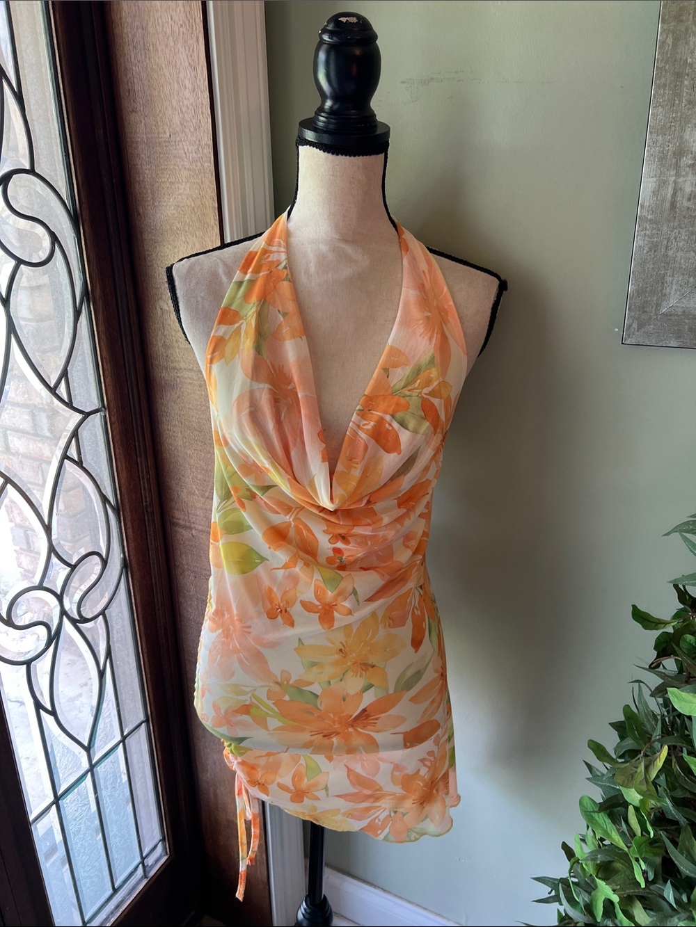 Sleeveless Floral Cowl Neck Halter Camisole in Orange